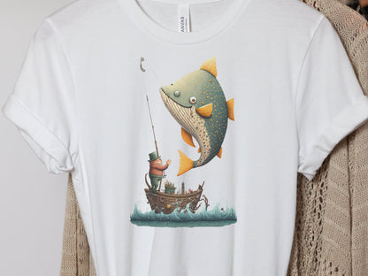 Funny Fishing Shirt for Women Fishermans T-Shirt Big Fish Small Boat Whimsical Tee Fishing Humour Illustration Fisherman Angler Gift for Men