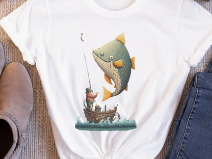 Funny Fishing Shirt for Women Fishermans T-Shirt Big Fish Small Boat Whimsical Tee Fishing Humour Illustration Fisherman Angler Gift for Men