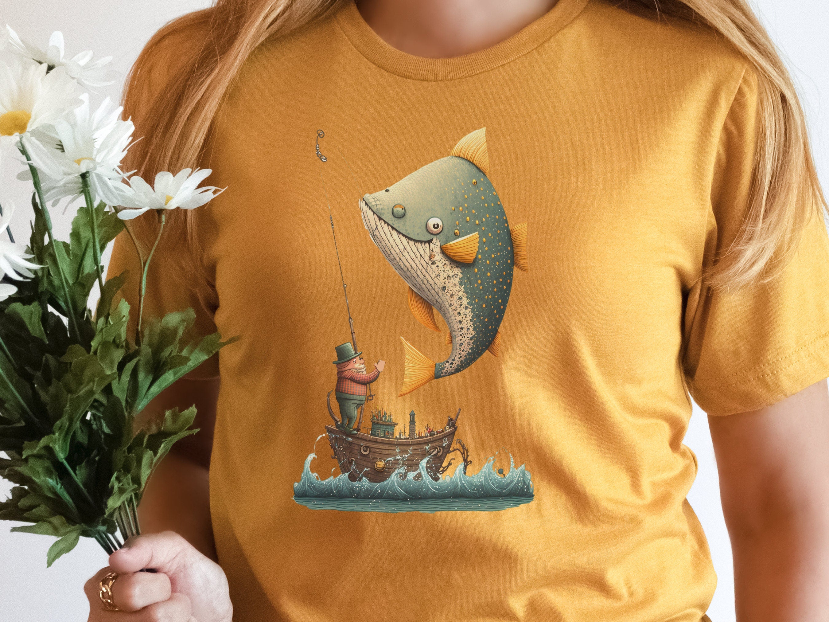 Funny Fishing Shirt for Women Fishermans T-Shirt Big Fish Small Boat  Whimsical Tee Fishing Humour Illustration Fisherman Angler Gift for Men