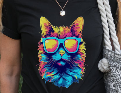 Synthwave Cat T-shirt with Sunglasses Futuristic Vibrant Psychedelic Tee Sci-Fi Neon Rebel Bright Colourful 80s Retro Cool Cats Summer Shirt