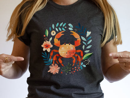 Crab T-shirt Cancer Zodiac Shirt July Birthday Gift for Her Cute Astrology Star Sign Tee Orange Blue Beach Summer Holiday Vacation Seaside