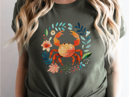 Crab T-shirt Cancer Zodiac Shirt July Birthday Gift for Her Cute Astrology Star Sign Tee Orange Blue Beach Summer Holiday Vacation Seaside