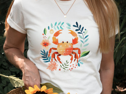 Crab T-shirt Cancer Zodiac Shirt July Birthday Gift for Her Cute Astrology Star Sign Tee Orange Blue Beach Summer Holiday Vacation Seaside