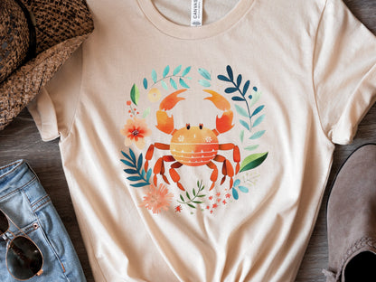 Crab T-shirt Cancer Zodiac Shirt July Birthday Gift for Her Cute Astrology Star Sign Tee Orange Blue Beach Summer Holiday Vacation Seaside