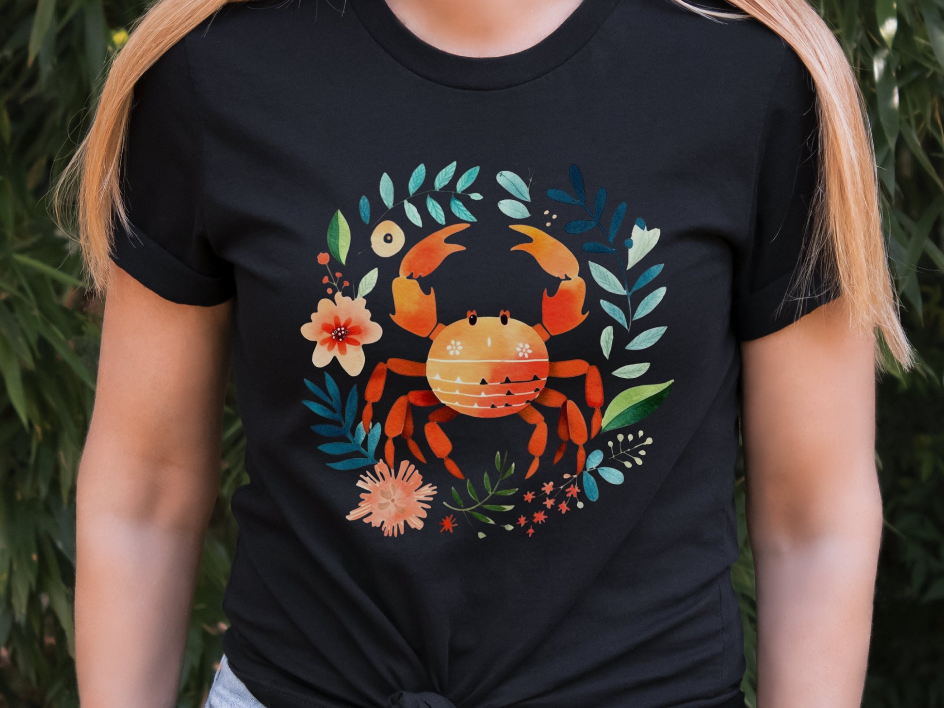 Crab T-shirt Cancer Zodiac Shirt July Birthday Gift for Her Cute Astrology Star Sign Tee Orange Blue Beach Summer Holiday Vacation Seaside