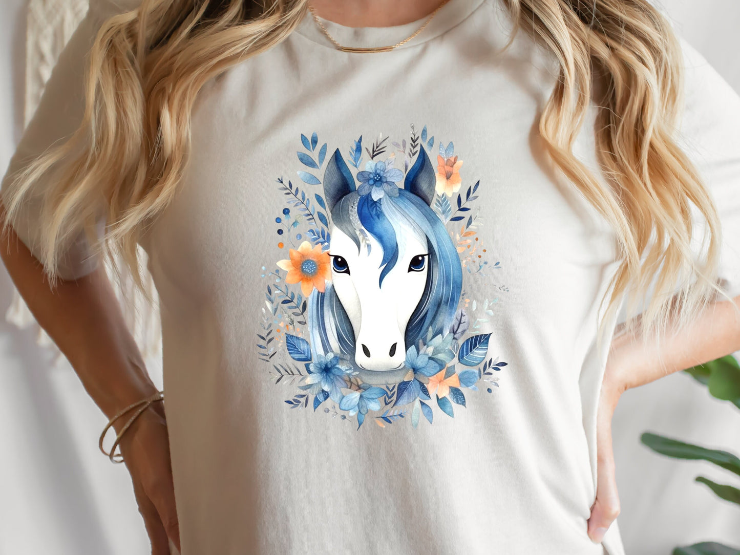 Boho Horse Shirt with Floral Design Flowers Leaves T-shirt Coral Orange Blue Horsey Lovers Riders Gift Watercolour Bohemian Illustration Tee