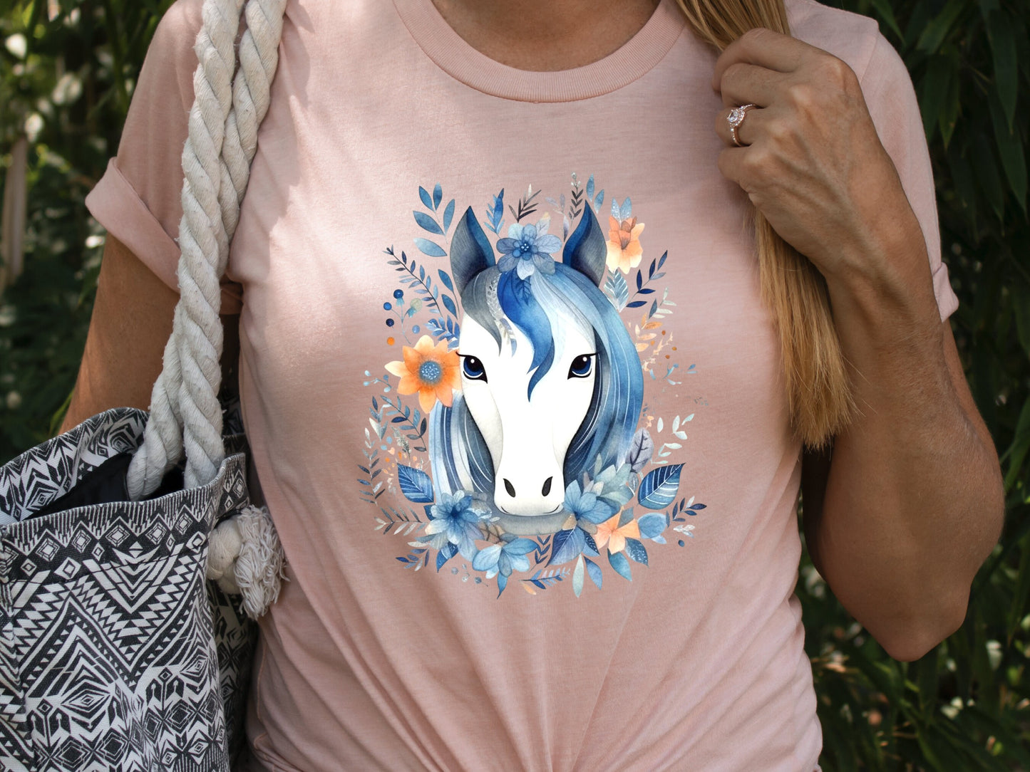 Boho Horse Shirt with Floral Design Flowers Leaves T-shirt Coral Orange Blue Horsey Lovers Riders Gift Watercolour Bohemian Illustration Tee