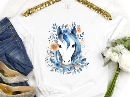 Boho Horse Shirt with Floral Design Flowers Leaves T-shirt Coral Orange Blue Horsey Lovers Riders Gift Watercolour Bohemian Illustration Tee