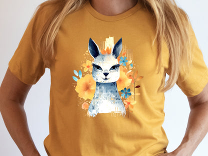 Llama T-shirt Cute Watercolour Shirt Unique Urban Boho Style Blue with Orange Flowers Art Artistic Golden City Skyline Floral Geometric Tee