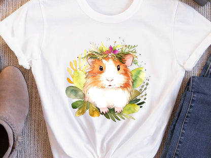 Guinea Pig Shirt with Pink and Green Floral Crown Boho Watercolour T-Shirt Design Cute Animal Art Owners Cavy Lovers Gift for Her Birthday