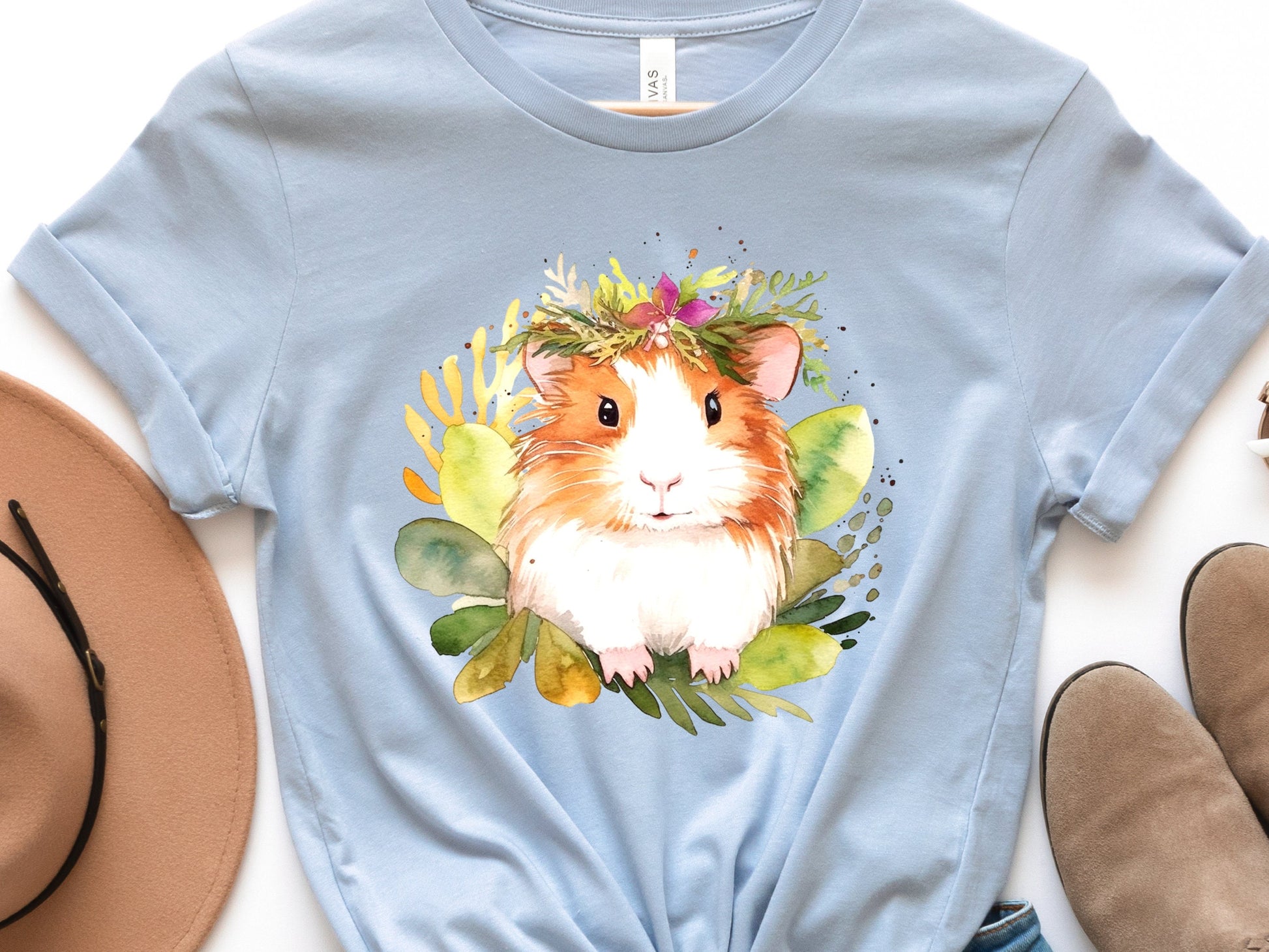 Guinea Pig Shirt with Pink and Green Floral Crown Boho Watercolour T-Shirt Design Cute Animal Art Owners Cavy Lovers Gift for Her Birthday