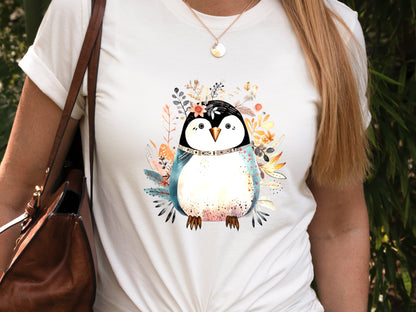 Penguin Shirt Floral Illustration Blue Pink T-shirt Penguin Lovers Gift Boho Nature Shirt for Her Cute Summer Winter Adorable Graphic Tee