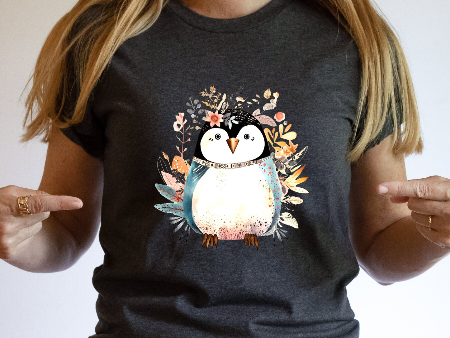 Penguin Shirt Floral Illustration Blue Pink T-shirt Penguin Lovers Gift Boho Nature Shirt for Her Cute Summer Winter Adorable Graphic Tee