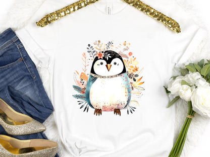 Penguin Shirt Floral Illustration Blue Pink T-shirt Penguin Lovers Gift Boho Nature Shirt for Her Cute Summer Winter Adorable Graphic Tee