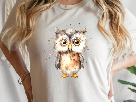 Cute Owl Shirt Messy Watercolour T-Shirt Brown Neutral Tones Funny Bird Watchers Gift for Owl Lovers Adorable Ornithology Tee Sustainable