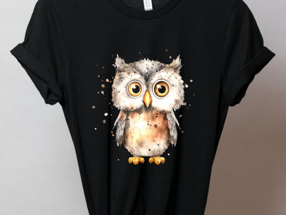 Cute Owl Shirt Messy Watercolour T-Shirt Brown Neutral Tones Funny Bird Watchers Gift for Owl Lovers Adorable Ornithology Tee Sustainable