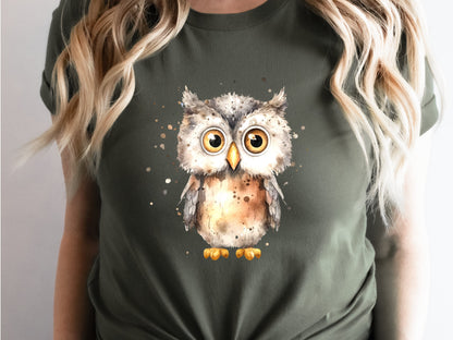 Cute Owl Shirt Messy Watercolour T-Shirt Brown Neutral Tones Funny Bird Watchers Gift for Owl Lovers Adorable Ornithology Tee Sustainable