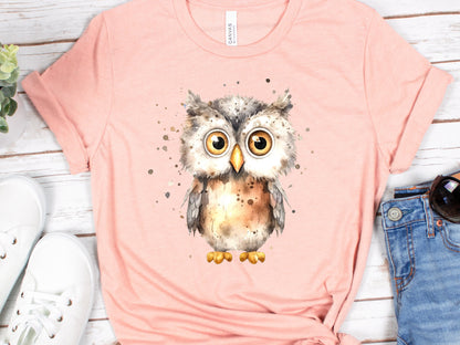 Cute Owl Shirt Messy Watercolour T-Shirt Brown Neutral Tones Funny Bird Watchers Gift for Owl Lovers Adorable Ornithology Tee Sustainable