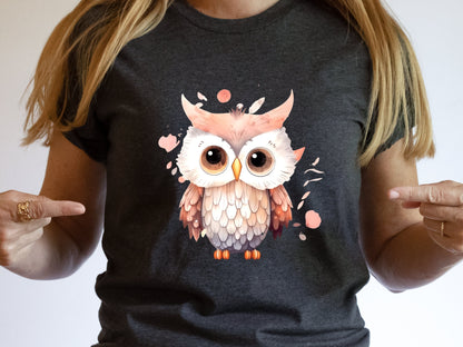 Cute Baby Owl T-Shirt Pink and Grey Bird Lover Gift for Her Adorable Graphic Tee Aesthetic Ornithology Shirt for Bird Watchers and Owners