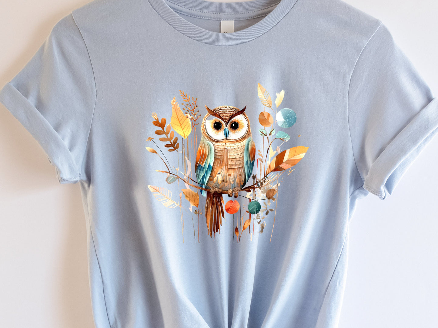 Cute Folk Art Owl Shirt Botanical Patchwork Bird T-Shirt Neutral Owl Lovers Gift for Her Floral Ornithologist Tee Sustainable Organic Cotton