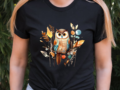 Cute Folk Art Owl Shirt Botanical Patchwork Bird T-Shirt Neutral Owl Lovers Gift for Her Floral Ornithologist Tee Sustainable Organic Cotton