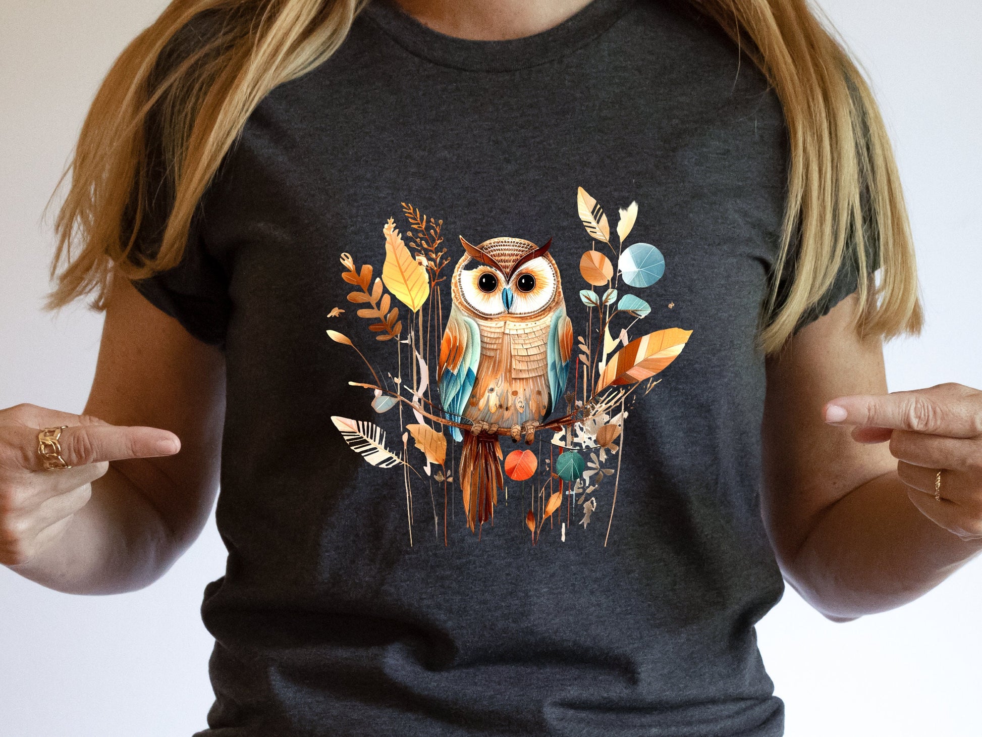 Cute Folk Art Owl Shirt Botanical Patchwork Bird T-Shirt Neutral Owl Lovers Gift for Her Floral Ornithologist Tee Sustainable Organic Cotton