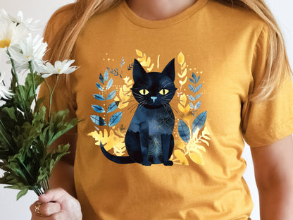 Black Cat Shirt Mystical Boho Watercolour T-Shirt Cat Lover Gift for Cat Mom Witchy Vibes Tee Folk Art Sustainable Cotton Tshirt for Her