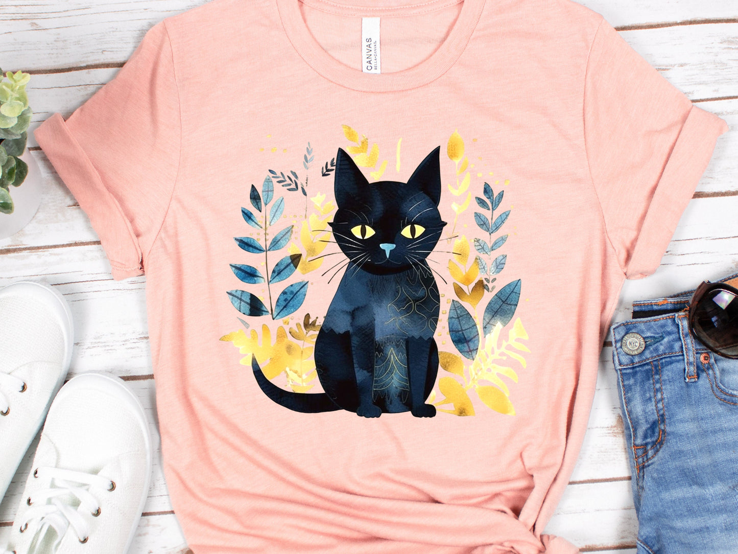 Black Cat Shirt Mystical Boho Watercolour T-Shirt Cat Lover Gift for Cat Mom Witchy Vibes Tee Folk Art Sustainable Cotton Tshirt for Her