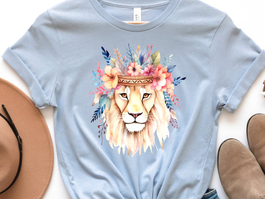 Boho Lion Shirt with Flower Crown Leo Floral Headdress Watercolour T-Shirt Boho Style Feminine Modern Bohemian Tee King of the Jungle Animal