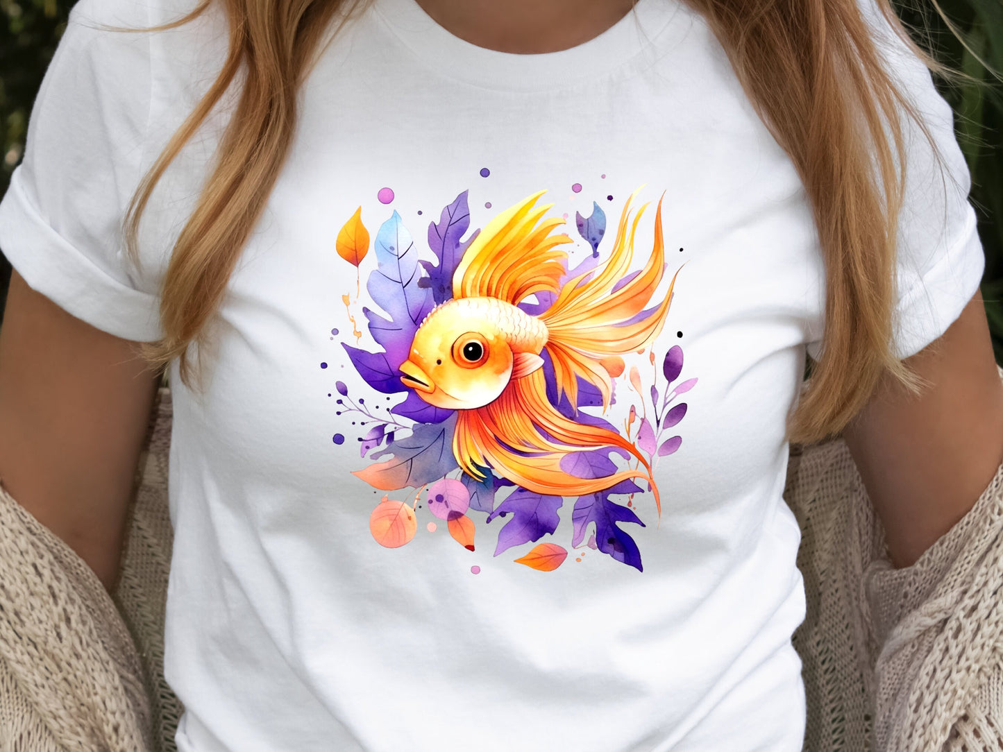 Goldfish Shirt Vibrant Fan Tail Fish Keepers Tee Design Purple Leafy Fishing Lovers Gift for Her Swimmers Top Divers T-shirt Organic Cotton