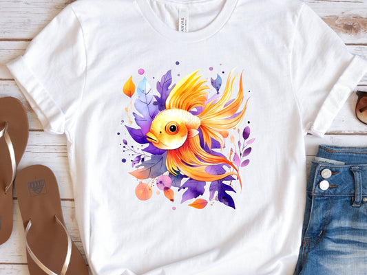 Goldfish Shirt Vibrant Fan Tail Fish Keepers Tee Design Purple Leafy Fishing Lovers Gift for Her Swimmers Top Divers T-shirt Organic Cotton