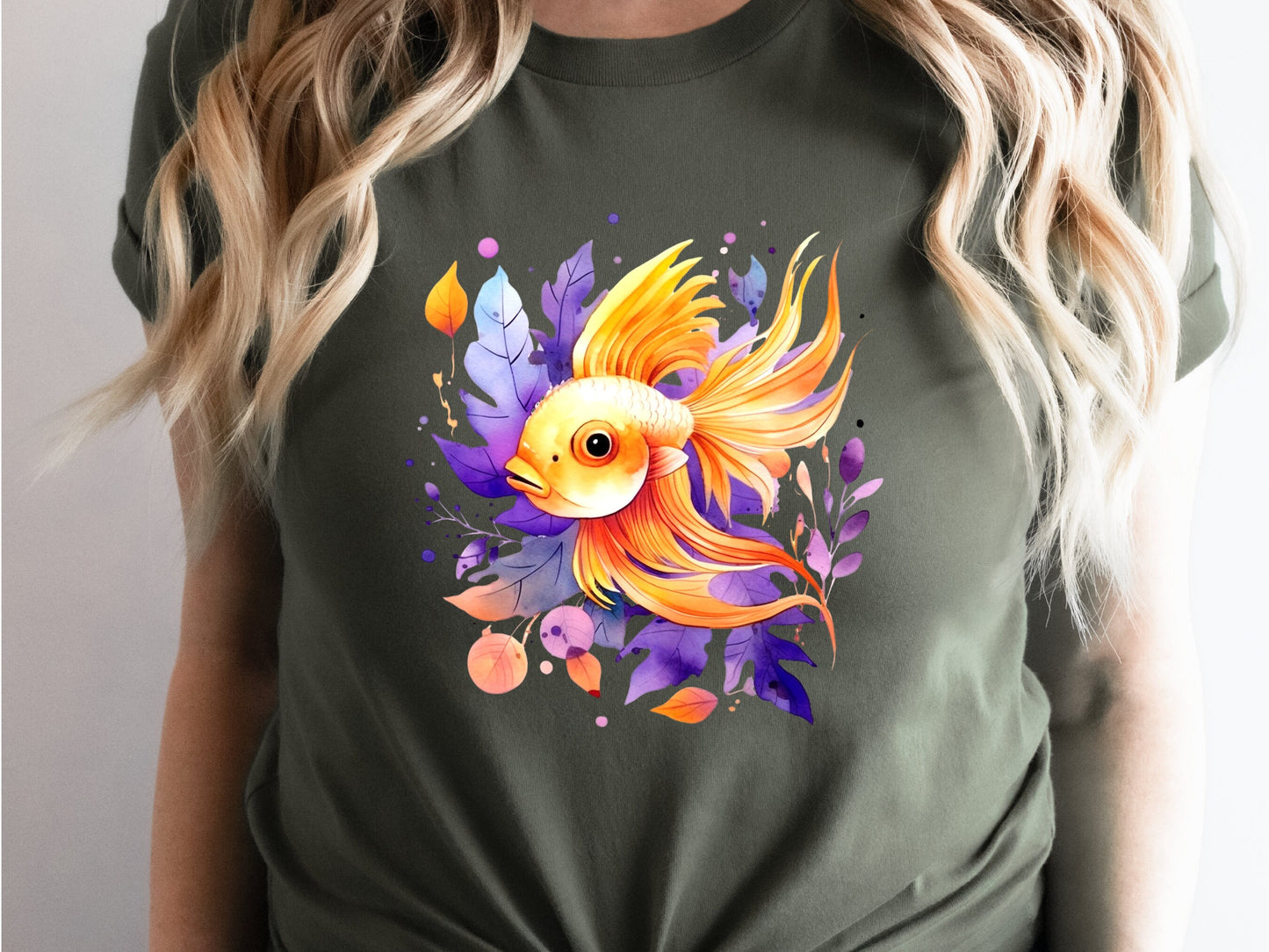 Goldfish Shirt Vibrant Fan Tail Fish Keepers Tee Design Purple Leafy Fishing Lovers Gift for Her Swimmers Top Divers T-shirt Organic Cotton