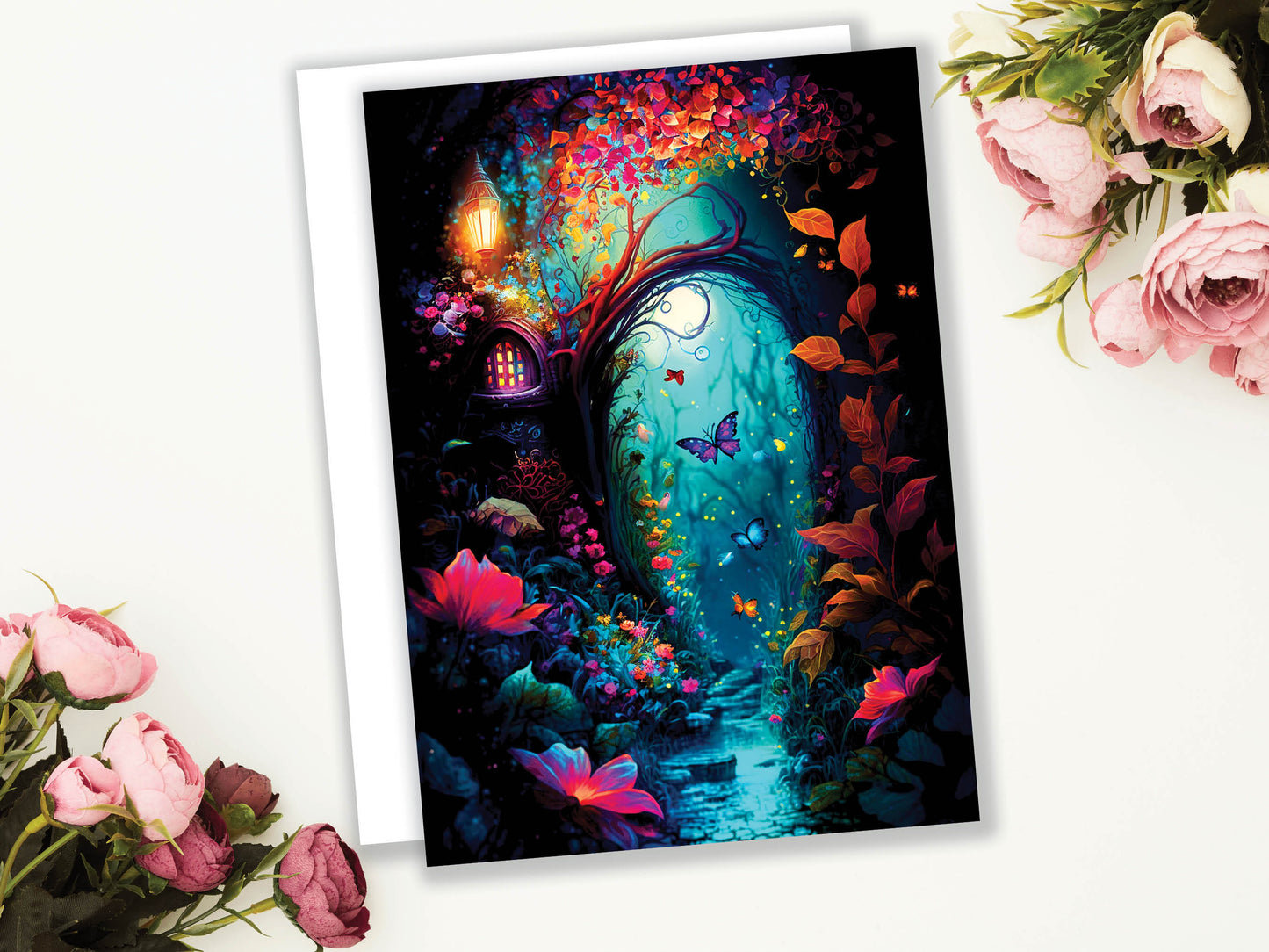 Summer Night Enchanting Garden Painting Greeting Card