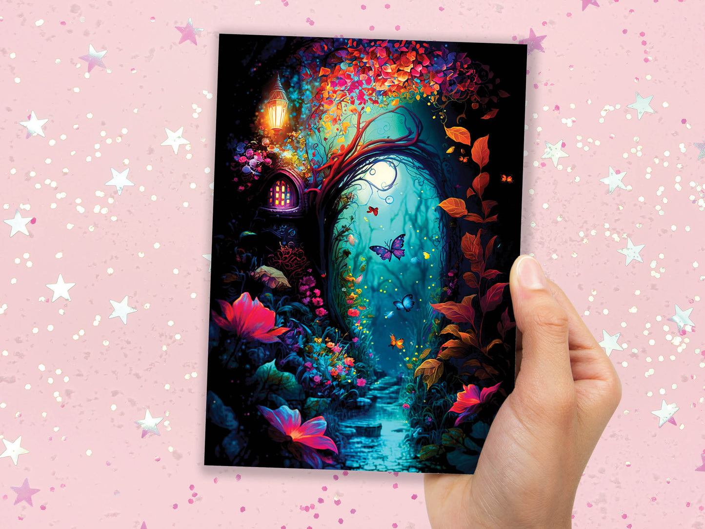 Summer Night Enchanting Garden Painting Greeting Card