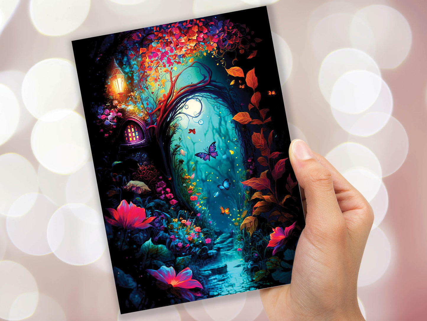 Summer Night Enchanting Garden Painting Greeting Card