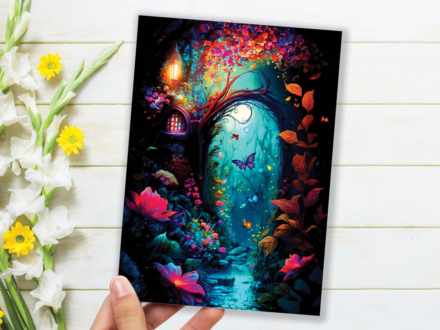 Summer Night Enchanting Garden Painting Greeting Card