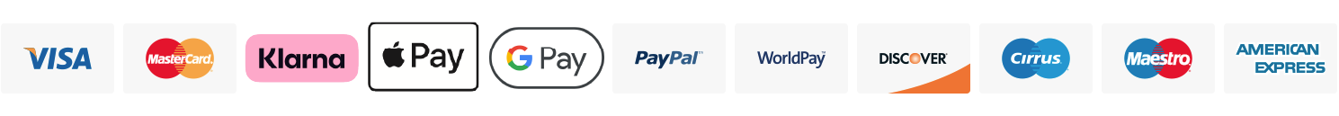 We accept Apple Pay, Visa, Mastercard, American Express, Google Pay, PayPal, Shop Pay, Klarna, and other major payment methods